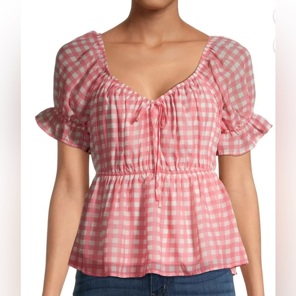 No Boundaries pink gingham picnic blouse peasant woven top size xs